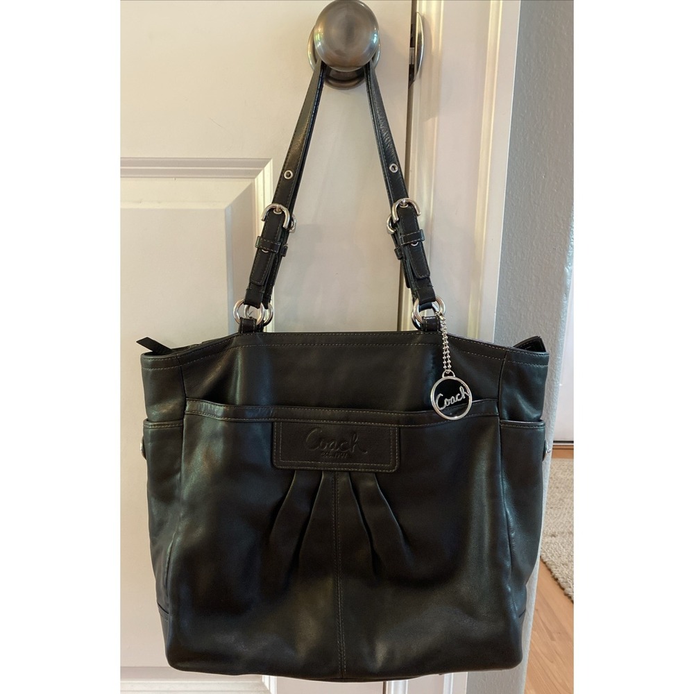 Coach Black Leather Pleated Shoulder Tote Bag Silver Hardwear East+West Charm